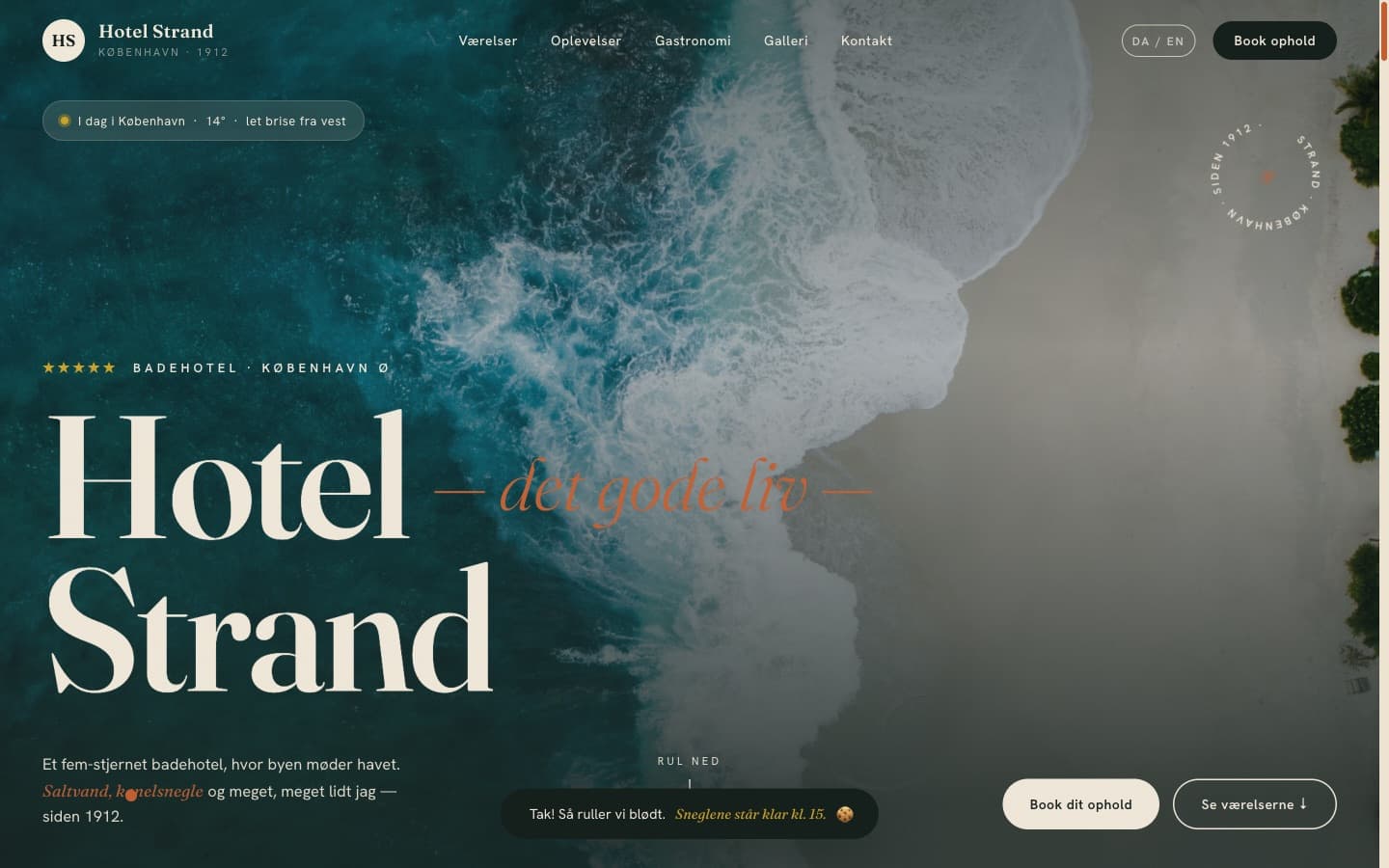 Hotel Strand — demo-hjemmeside til badehotel, bygget af Handover