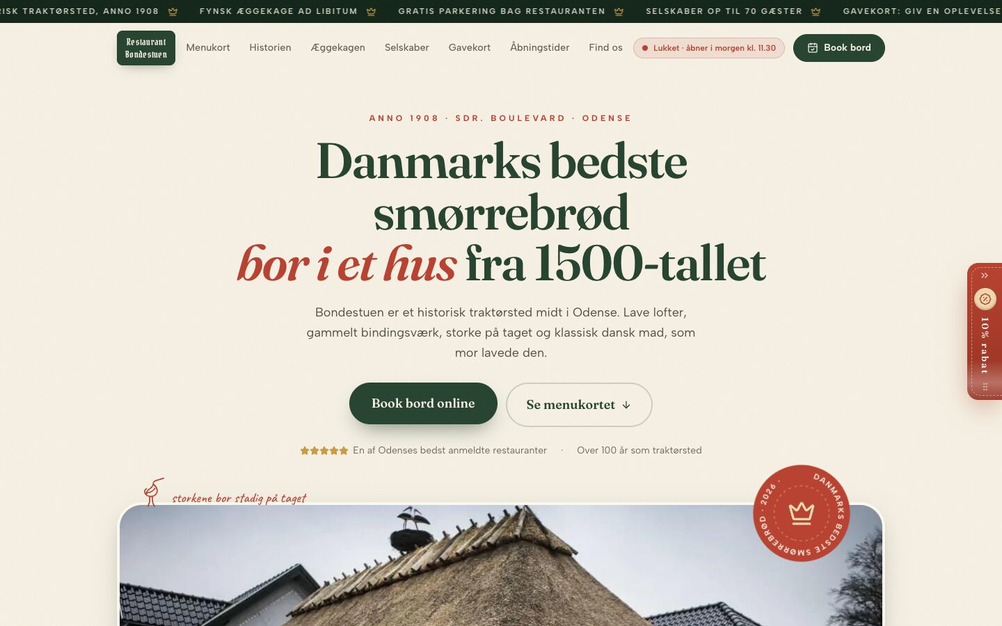 Bondestuen-demoen, historisk traktørsted i Odense med menukort og bordbestilling