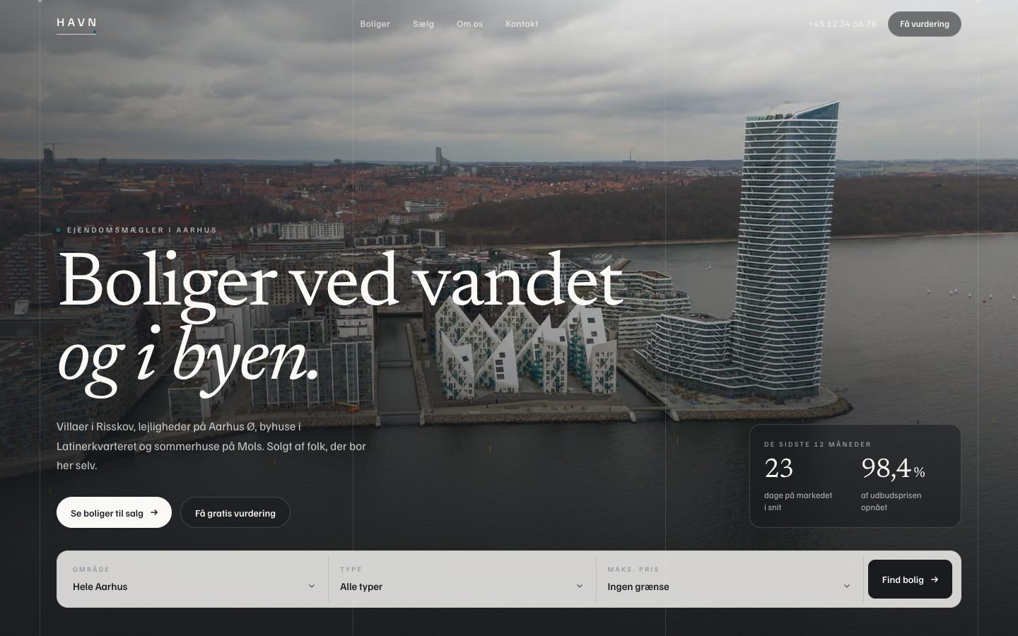 Demo af HAVN Ejendomme, en ejendomsmægler med boligsøgning og prisberegner